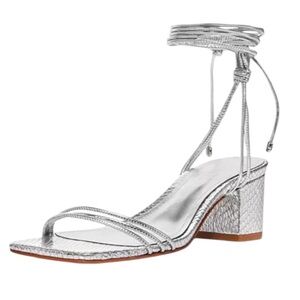 SCHUTZ Women's Thea Ankle Tie Block Heel Sandals Silver Strappy wrap resort shoe